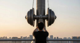 This 1000-ton tuned mass damper at the top of Shanghai Tower (632m) stabilizes the skyscraper during earthquake and typhoon by counteracting the building’s sway.