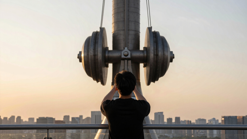 This 1000-ton tuned mass damper at the top of Shanghai Tower (632m) stabilizes the skyscraper during earthquake and typhoon by counteracting the building’s sway.